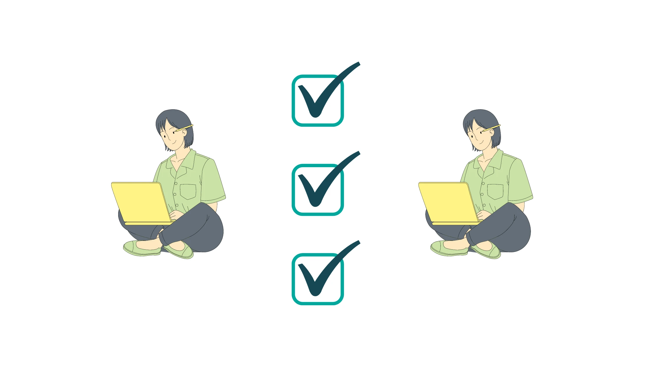 An illustration of two people with laptops beside three ticked checkboxes