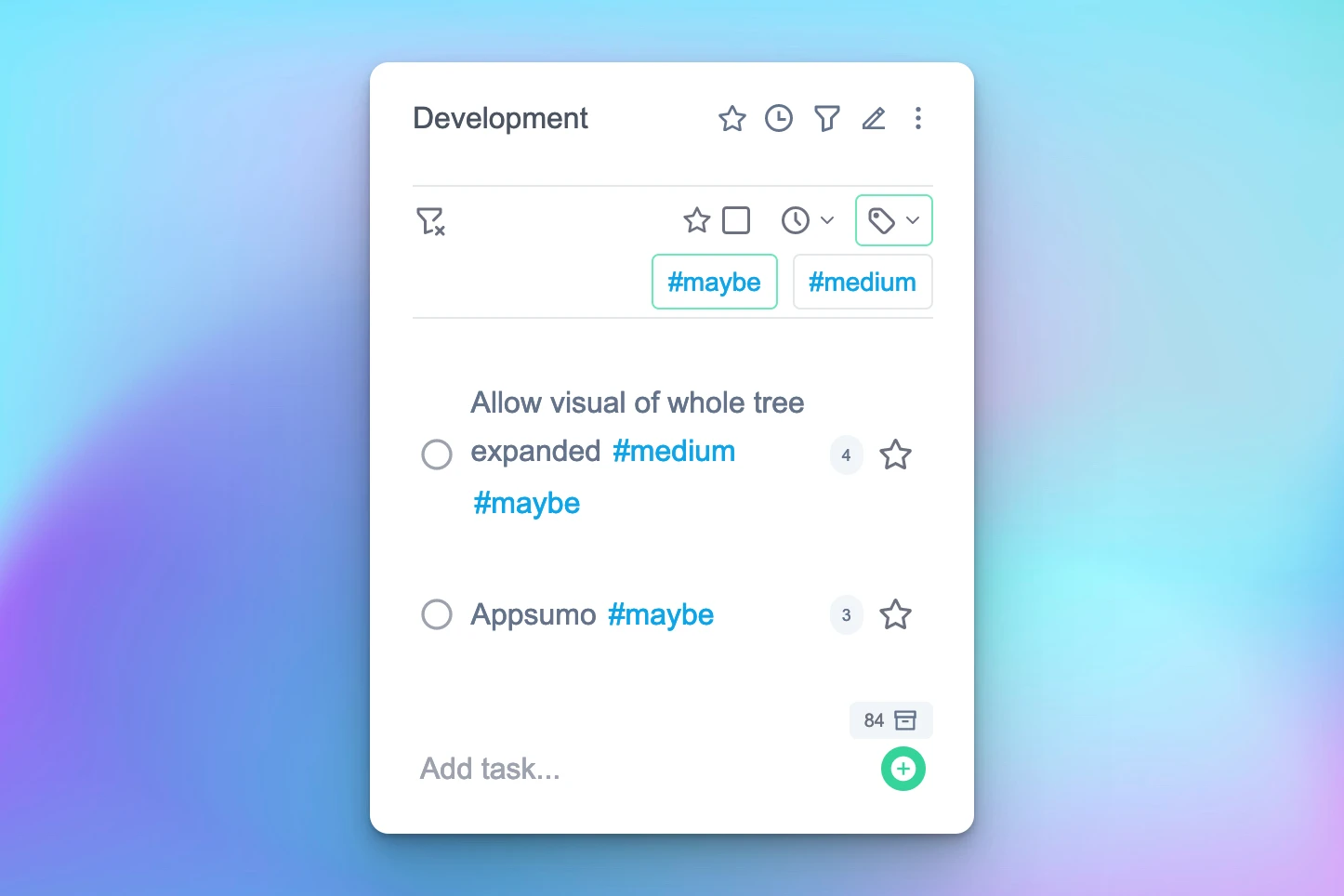 A task card from an early Tatask with tasks tagged #medium and #maybe