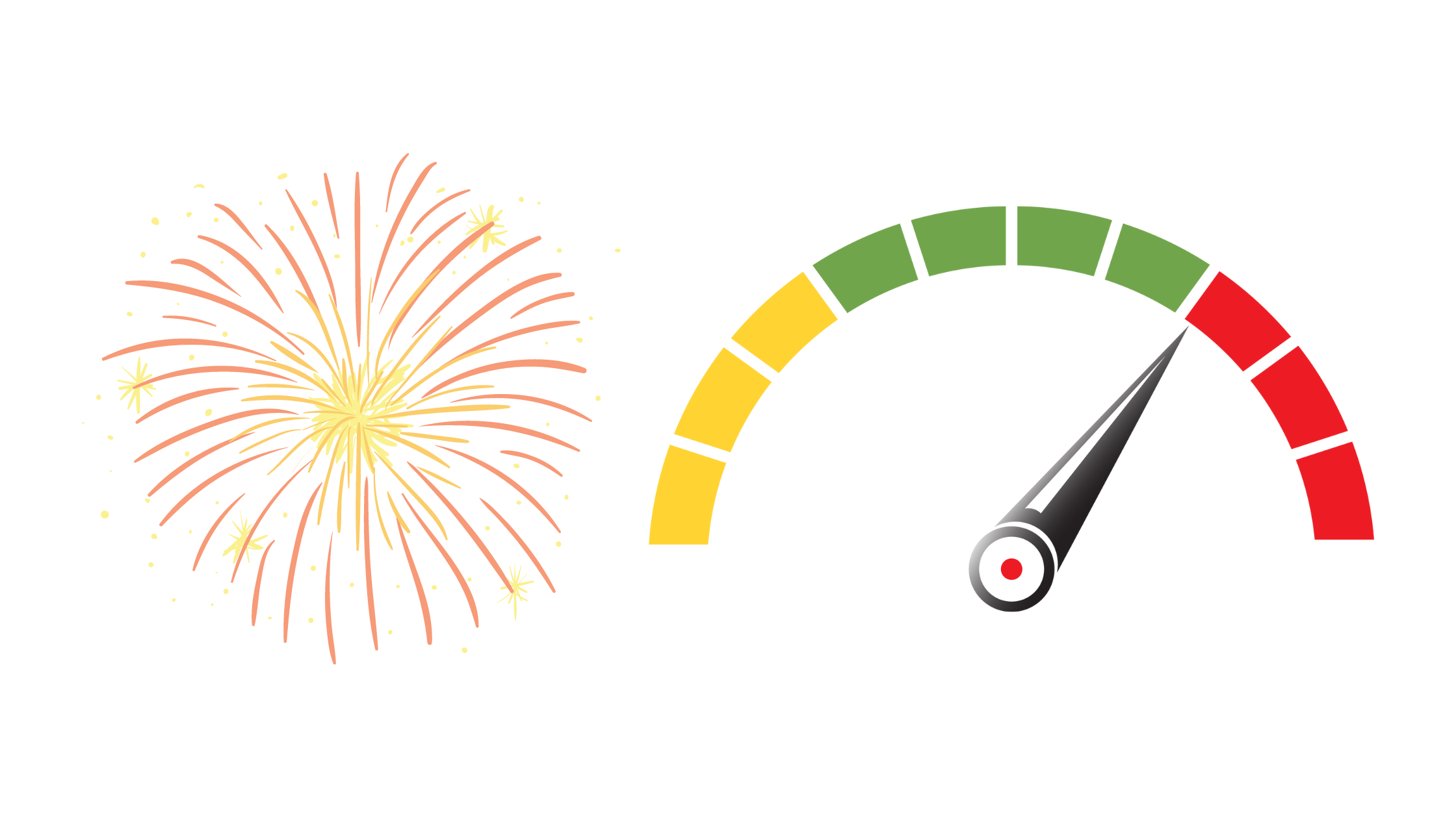 Fireworks next to a speedometer with the needle in the red